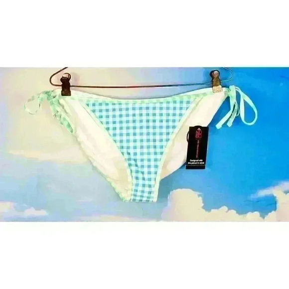 NWT NEW DIRECTIONS Womans TEAL Checks STRING BIKINI LINED Swim Bathing suit XL - Picture 2 of 7